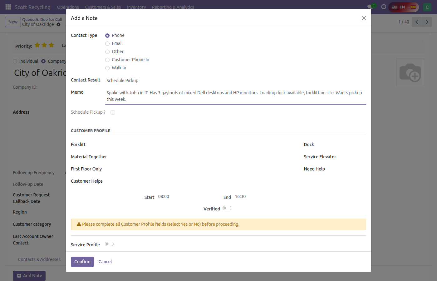 Add a Note wizard — contact section filled with Phone type, Schedule Pickup result, and detailed memo