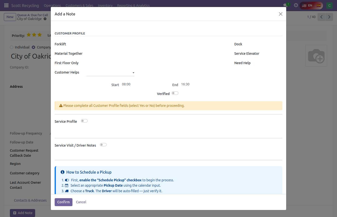 Add a Note wizard — Customer Profile section with Yes/No fields, business hours, and service profile area
