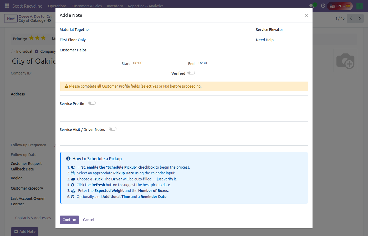 Add a Note wizard — Service Profile, Driver Notes, and scheduling instructions visible