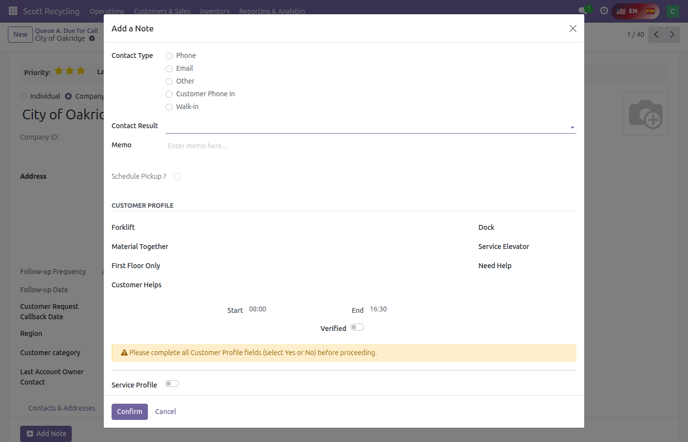 Add a Note wizard — top section with contact fields and Customer Profile