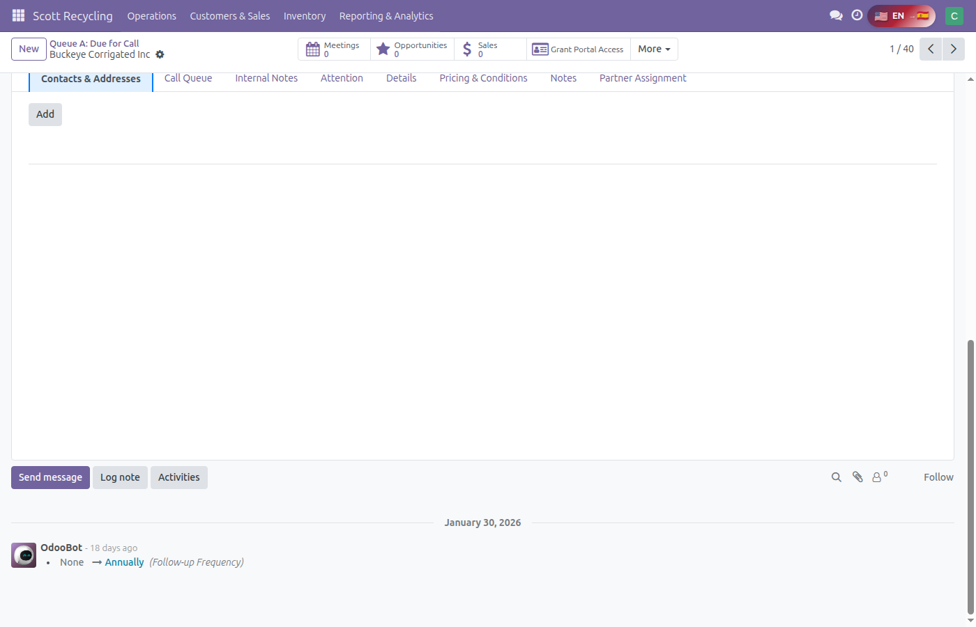 Customer record — chatter area with message history