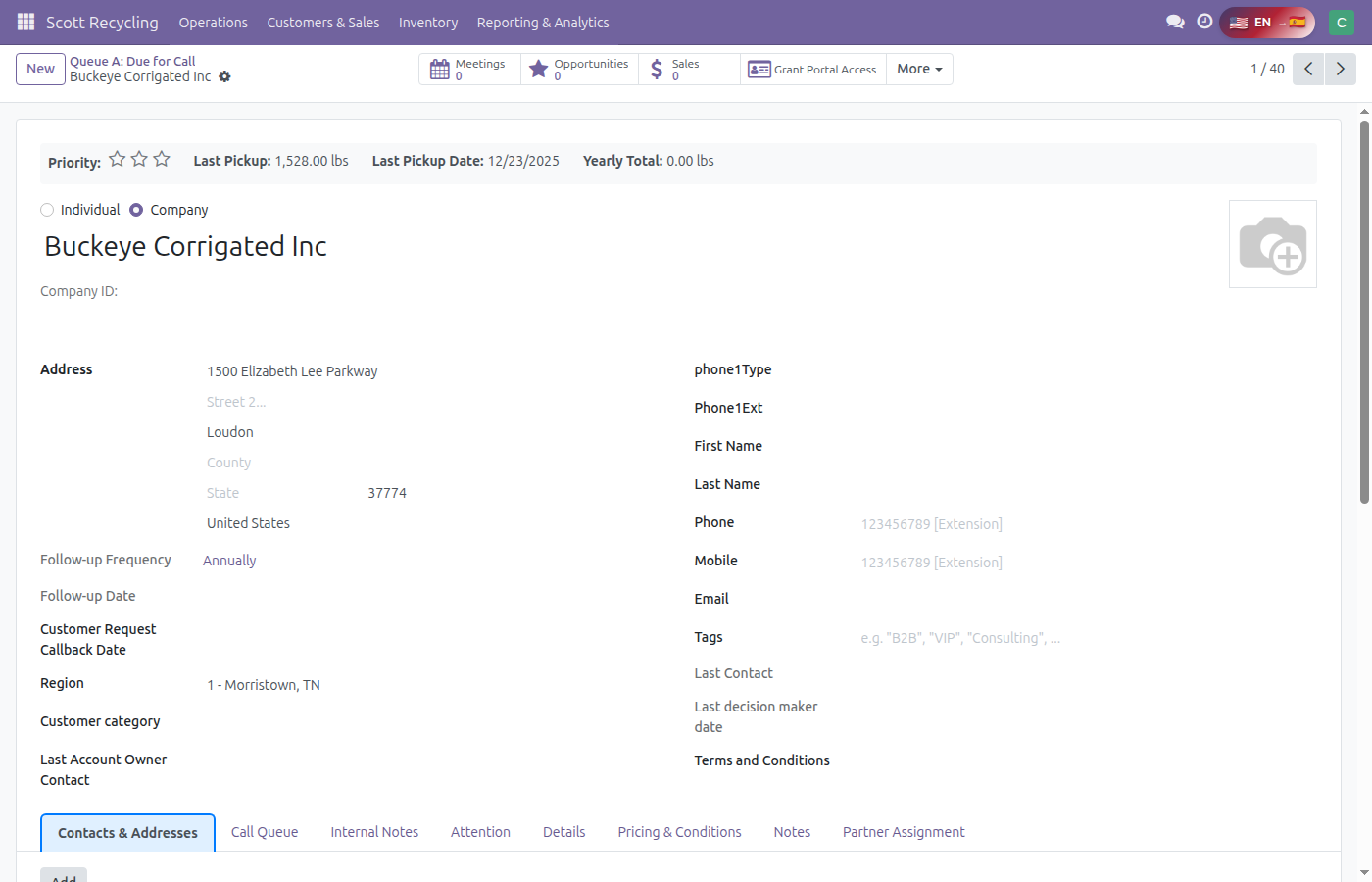 Customer record — top section with pickup history, contact info, and follow-up details