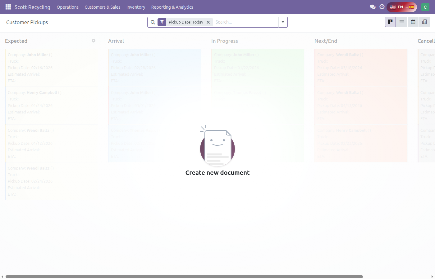 Scott Recycling app — Customer Pickups kanban view