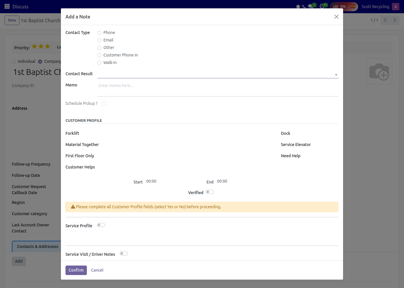 Add a Note wizard — Contact section