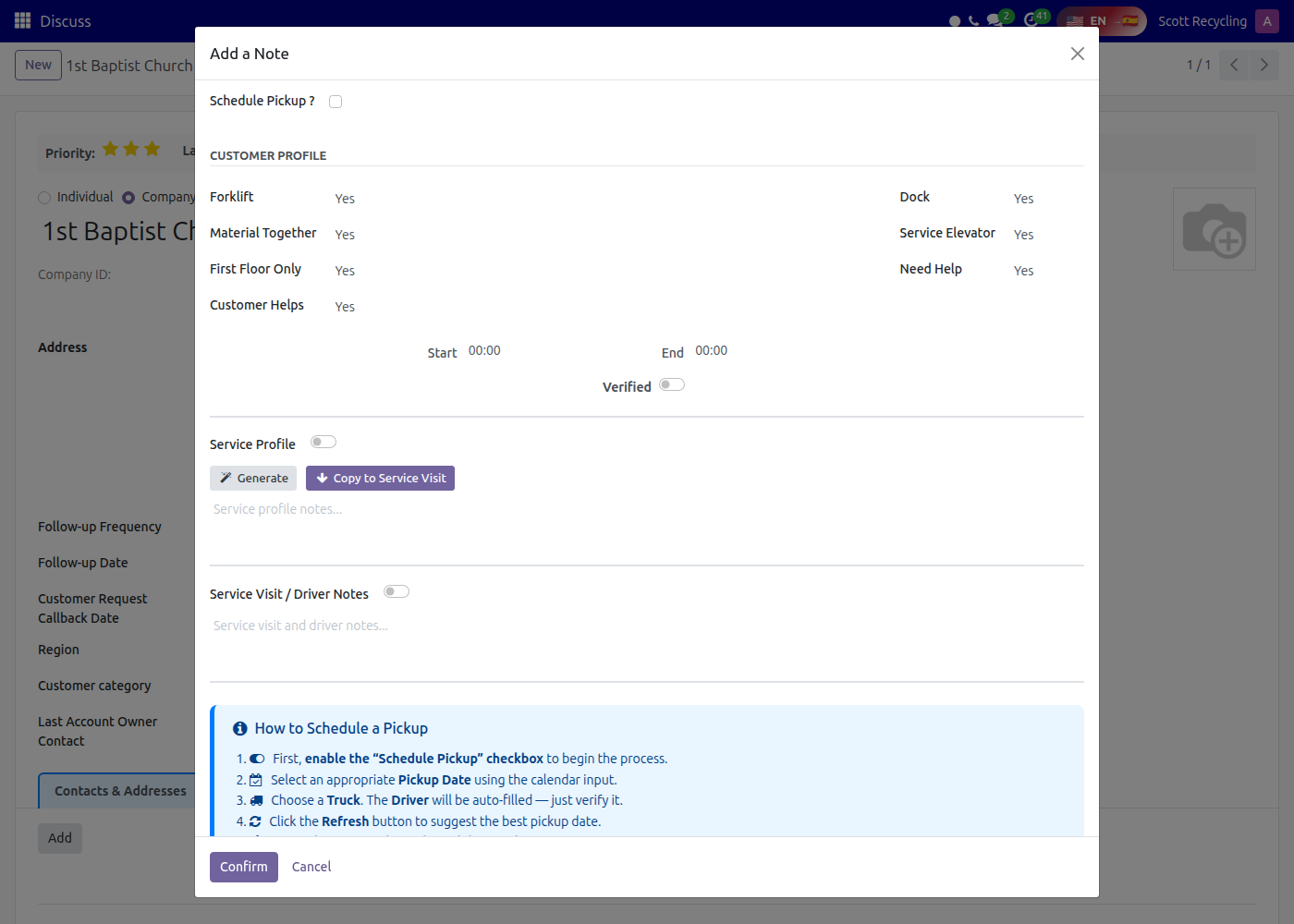 Add a Note wizard — Customer Profile section
