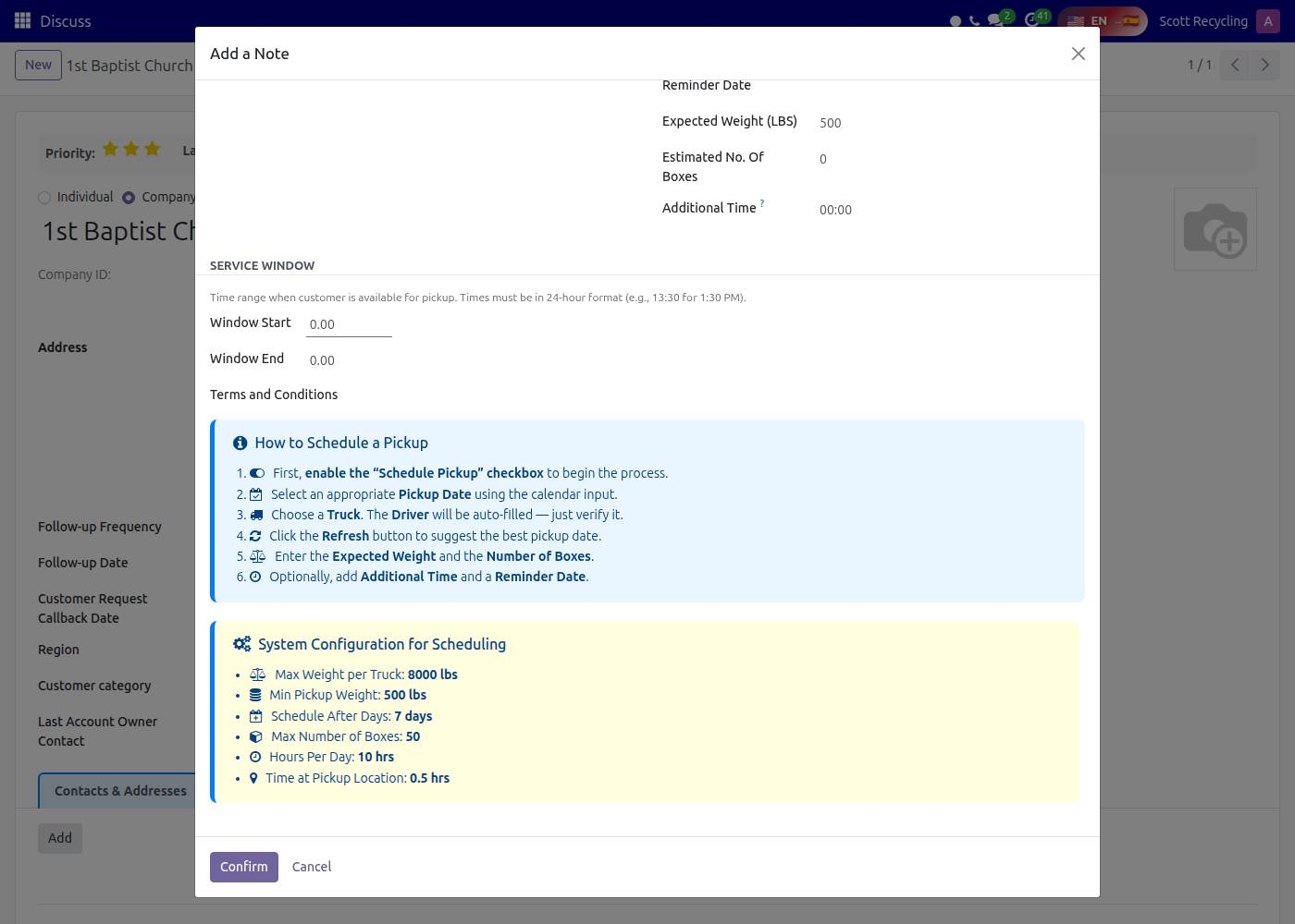 Add a Note wizard — Service Window, Terms, and Confirm