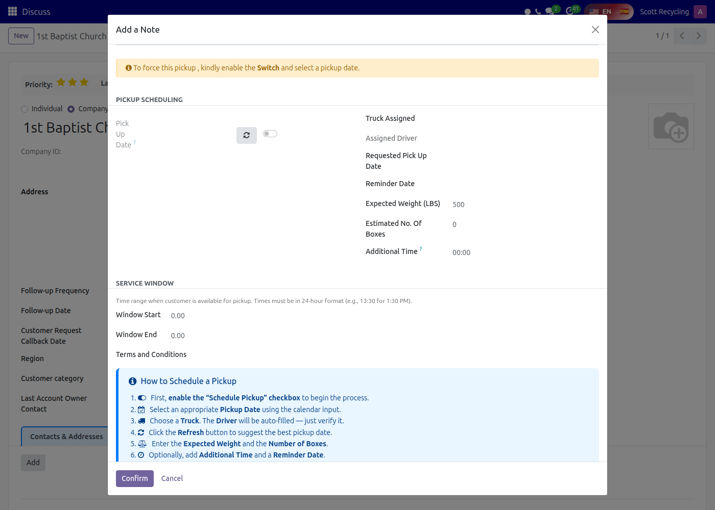 Add a Note wizard — Pickup Scheduling