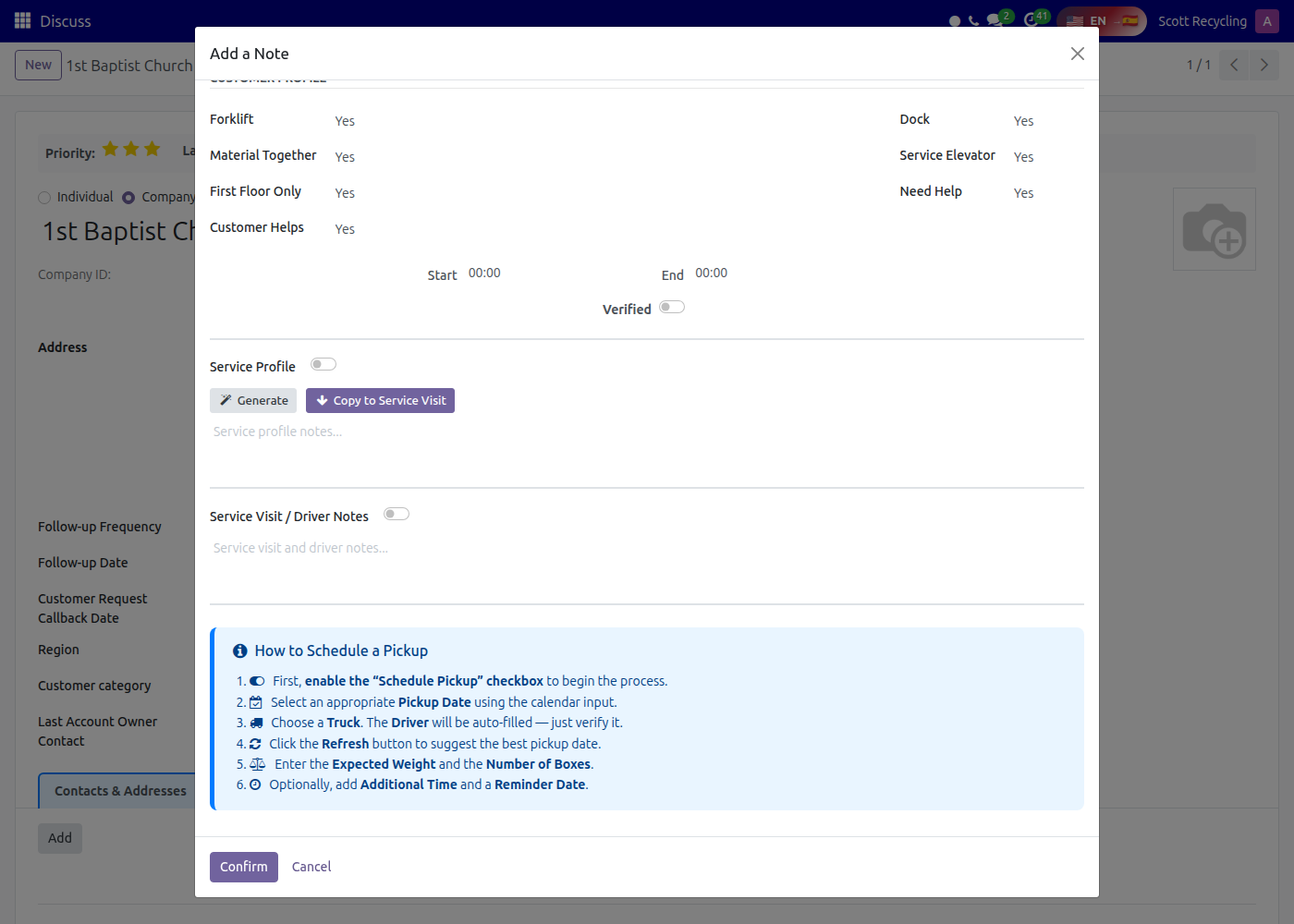 Add a Note wizard — Service Profile and Driver Notes